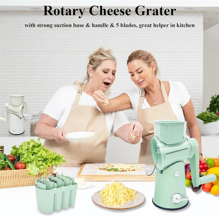 5 in 1 Rotary Cheese Grater with Handle Kitchen Vegetable Cutter Slicer Round Mandoline Drum Slicer with Suction Base JT435