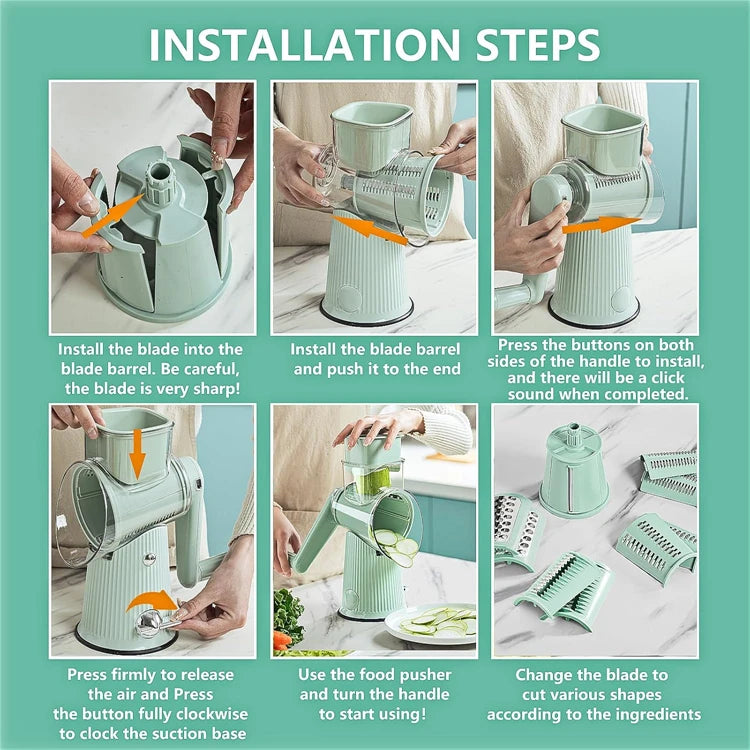 5 in 1 Rotary Cheese Grater with Handle Kitchen Vegetable Cutter Slicer Round Mandoline Drum Slicer with Suction Base JT435