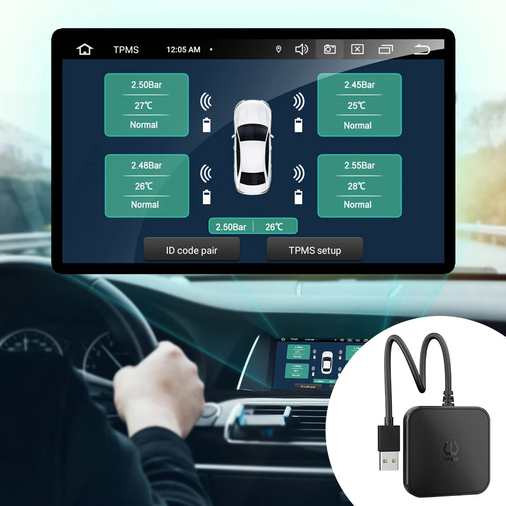 USB TPMS Tire Pressure Monitoring System with 4 External Sensors 0-116PSI Wireless Transmission TPMS for Android Car DVD