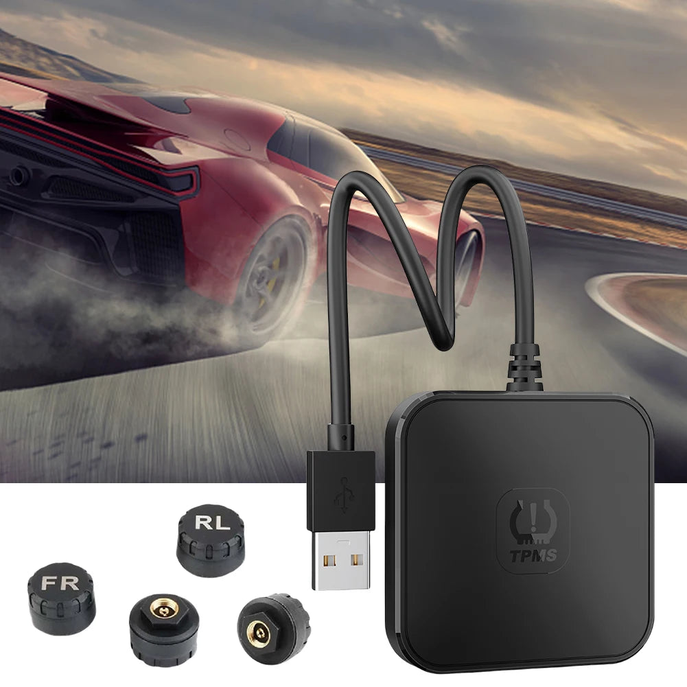 USB TPMS Tire Pressure Monitoring System with 4 External Sensors 0-116PSI Wireless Transmission TPMS for Android Car DVD