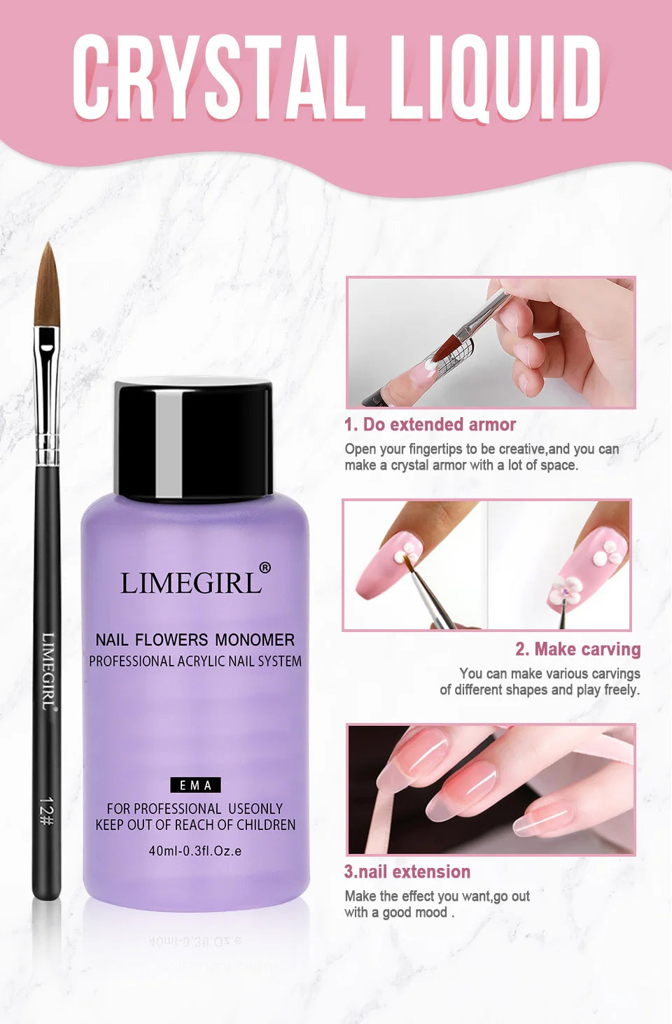 40ml Crystal Liquid With 45ml Acrylic Powder Set Lnclude Pink White Transparent Acrylic Powder Kit Suitable Beginner Nail Kit