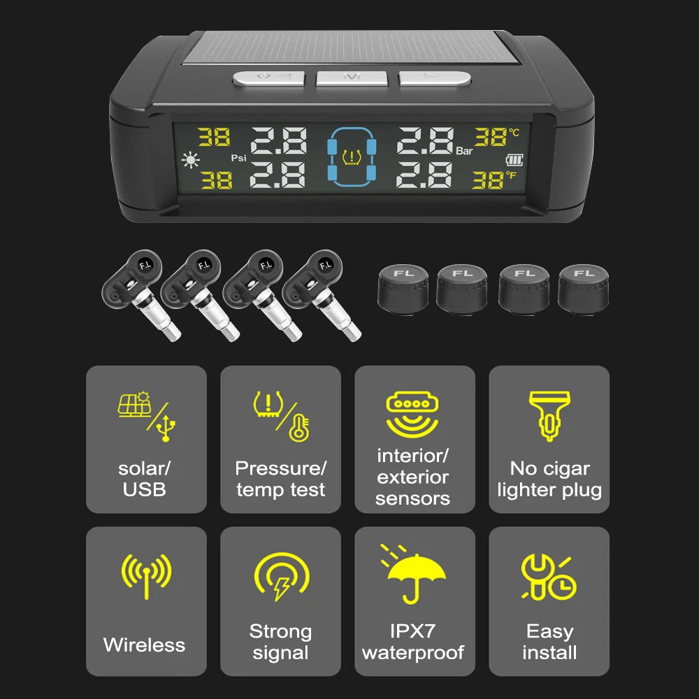 Car TPMS Solar/USB Powered Tire Pressure Monitoring System Auto Security Alarm Systems Tyre Temperature Monitor