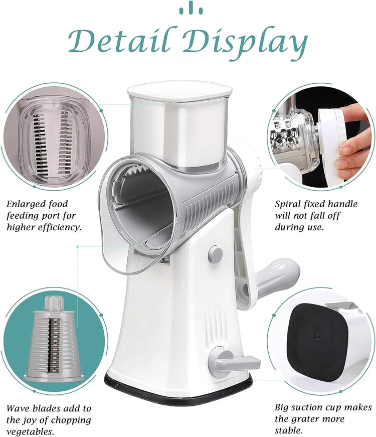 Rotary Cheese Grater Shredder Multifunction 5 in 1 Kitchen Manual Speed Round Mandolin Food Slicer Vegetable Shooter YY117