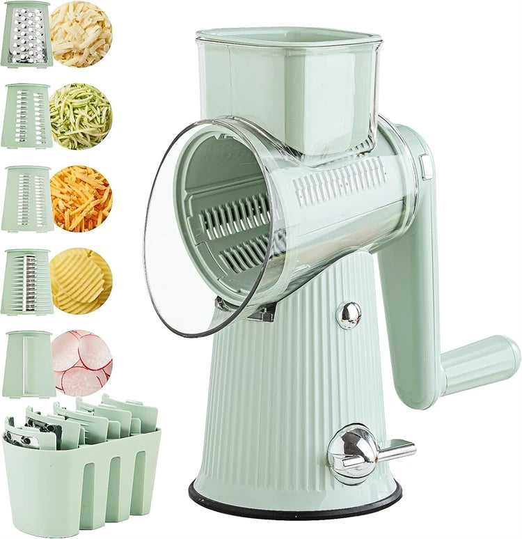 5 in 1 Rotary Cheese Grater with Handle Kitchen Vegetable Cutter Slicer Round Mandoline Drum Slicer with Suction Base JT435