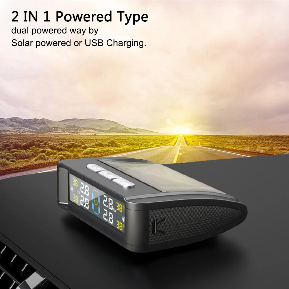 Car TPMS Solar/USB Powered Tire Pressure Monitoring System Auto Security Alarm Systems Tyre Temperature Monitor