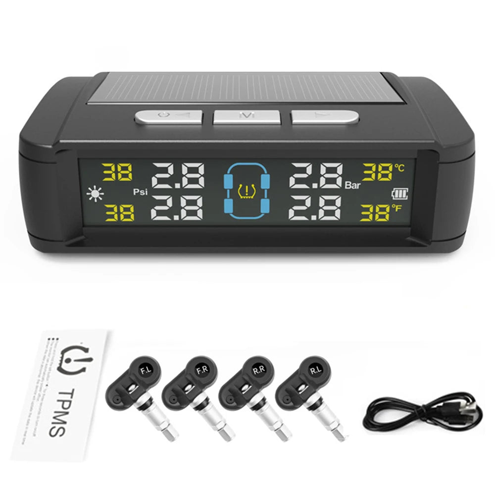 Car TPMS Solar/USB Powered Tire Pressure Monitoring System Auto Security Alarm Systems Tyre Temperature Monitor