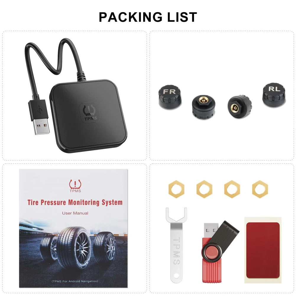 USB TPMS Tire Pressure Monitoring System with 4 External Sensors 0-116PSI Wireless Transmission TPMS for Android Car DVD