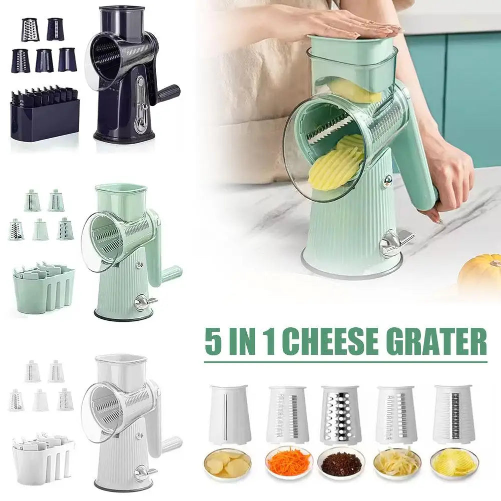 5 In 1 Rotary Cheese Grater With Handle Manual Vegetable Shredder Grinder Graters Nuts Strong Suction With Base Slicer L1R0