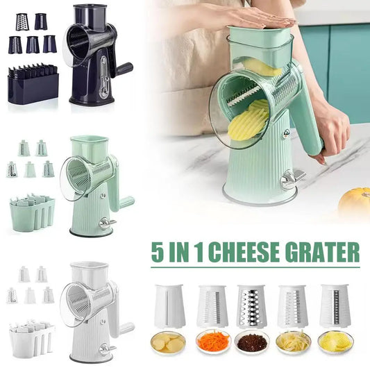 5 In 1 Rotary Cheese Grater With Handle Manual Vegetable Shredder Grinder Graters Nuts Strong Suction With Base Slicer L1R0