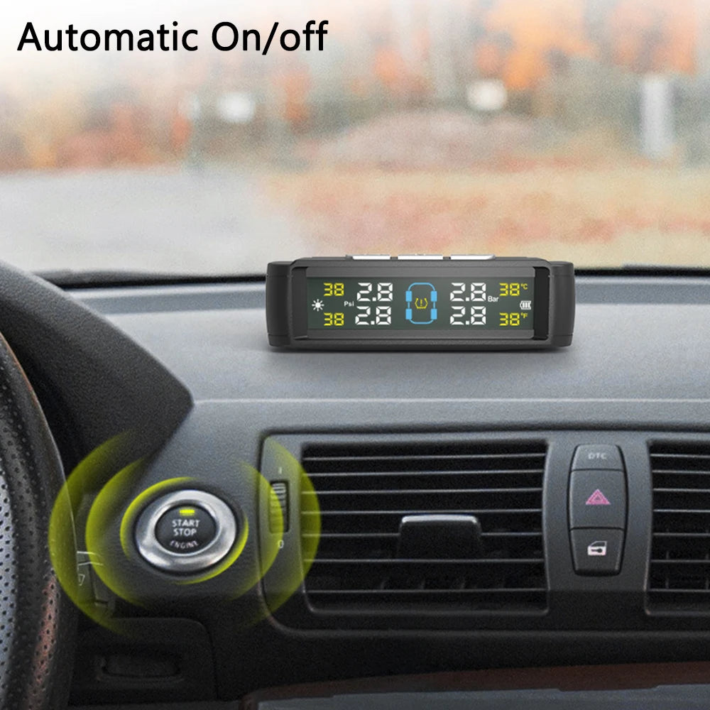 Car TPMS Solar/USB Powered Tire Pressure Monitoring System Auto Security Alarm Systems Tyre Temperature Monitor