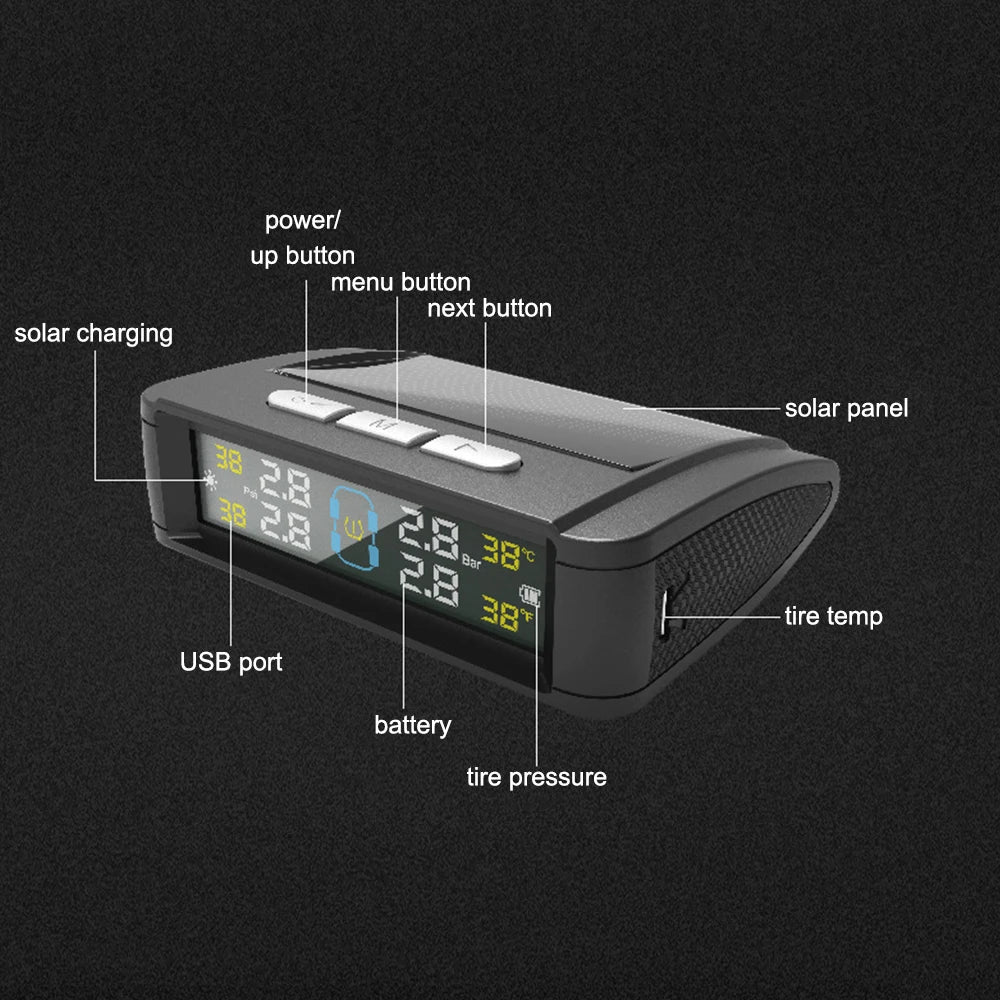 Car TPMS Solar/USB Powered Tire Pressure Monitoring System Auto Security Alarm Systems Tyre Temperature Monitor