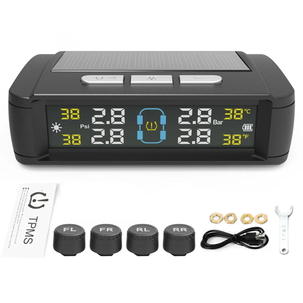 Car TPMS Solar/USB Powered Tire Pressure Monitoring System Auto Security Alarm Systems Tyre Temperature Monitor
