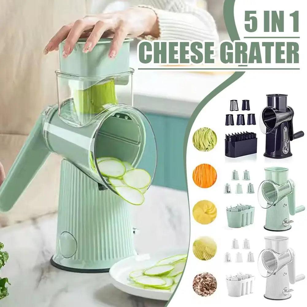 5 In 1 Rotary Cheese Grater With Handle Manual Vegetable Shredder Grinder Graters Nuts Strong Suction With Base Slicer L1R0