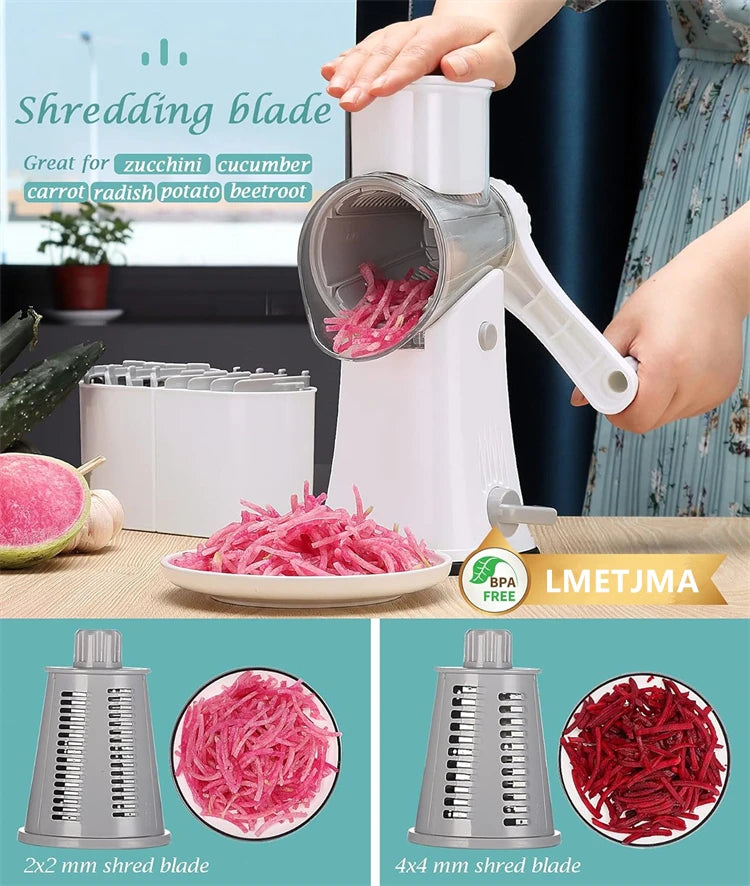 Rotary Cheese Grater Shredder Multifunction 5 in 1 Kitchen Manual Speed Round Mandolin Food Slicer Vegetable Shooter YY117