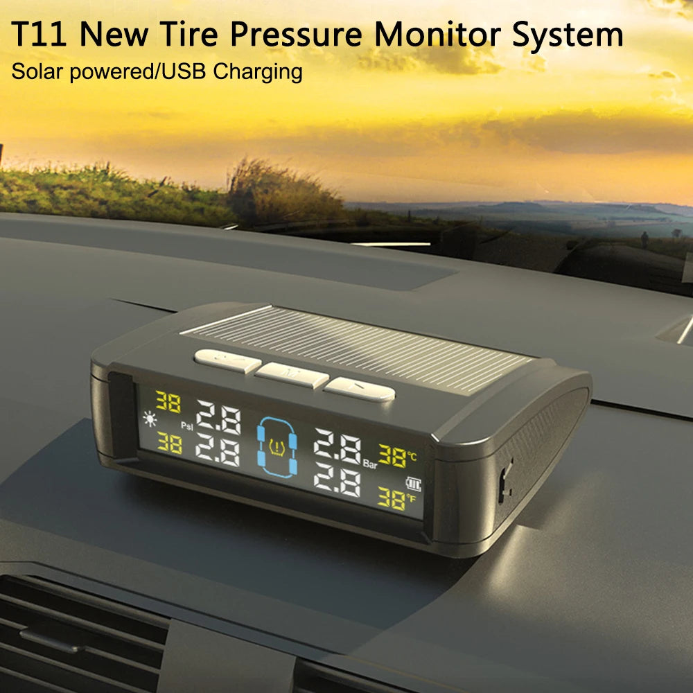 Car TPMS Solar/USB Powered Tire Pressure Monitoring System Auto Security Alarm Systems Tyre Temperature Monitor