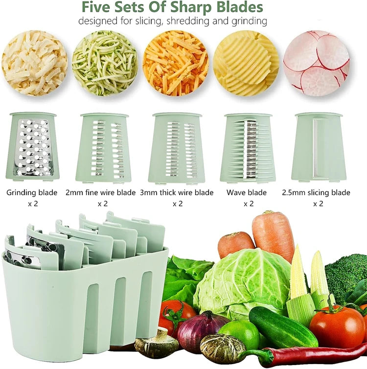 5 in 1 Rotary Cheese Grater with Handle Kitchen Vegetable Cutter Slicer Round Mandoline Drum Slicer with Suction Base JT435